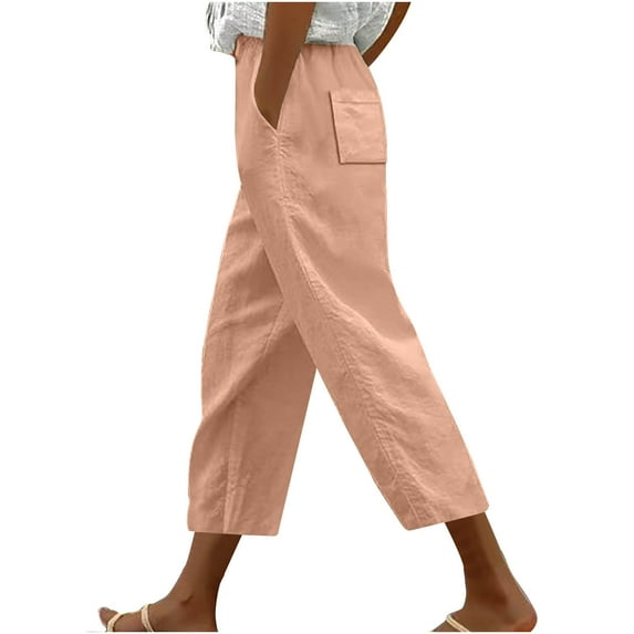 AherBiu Summer Pants for Women Tapered Leg Elastic High Waisted Drawstring Casual Trousers Solid Color