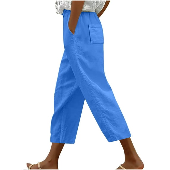 AherBiu Summer Pants for Women Tapered Leg Elastic High Waisted Drawstring Casual Trousers Solid Color