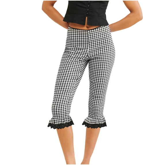 AherBiu Summer Short Leggings for Women Knee Length Plaid Lace Ruffle Slim Leg Stretch Summer Shorts