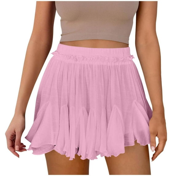 AherBiu Summer Shorts for Women Boho Ruffle Ruched Flowy Vacation Beach Wear Elastic High Waisted Lightweight Shorts
