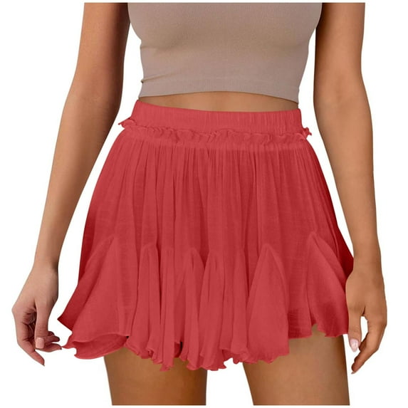 AherBiu Summer Shorts for Women Boho Ruffle Ruched Flowy Vacation Beach Wear Elastic High Waisted Lightweight Shorts
