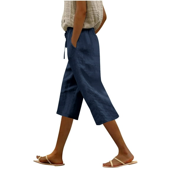 AherBiu Summer Shorts for Women Cotton Linen Pants Knee Length High Waisted Lightweight Short Slacks with Pockets