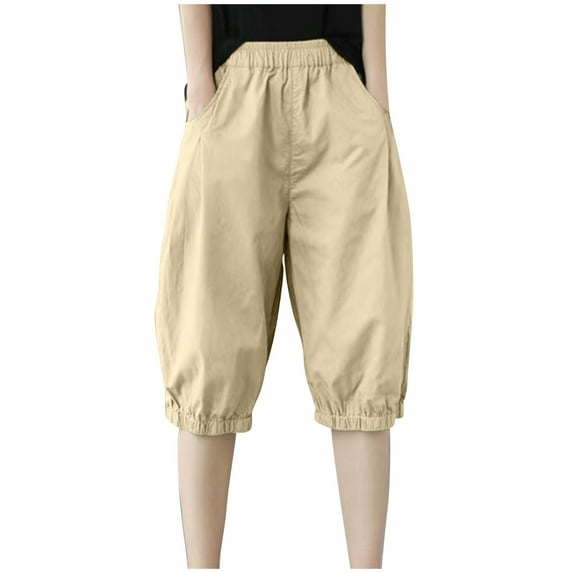 AherBiu Summer Shorts for Women High Waisted Baggy Loose Knee Length Casual Cinch Bottom Shorts with Pockets