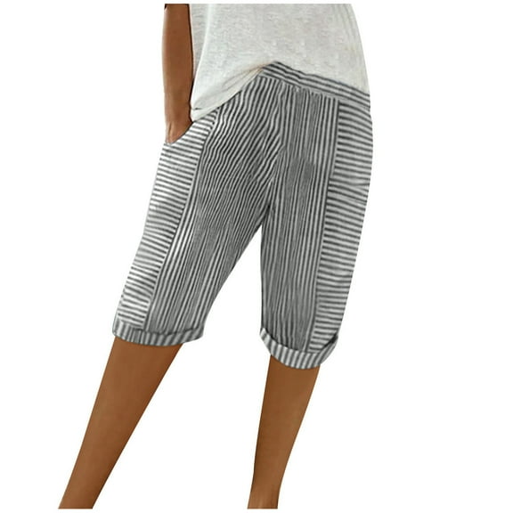 AherBiu Summer Shorts for Women Knee Length High Waisted Striped Straight Leg Lounge Shorts with Pockets
