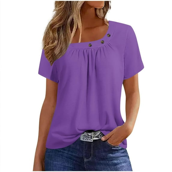 AherBiu Summer T Shirts for Women Short Sleeve Tops Button Round Neck Solid Color Comfy Daily Blouse