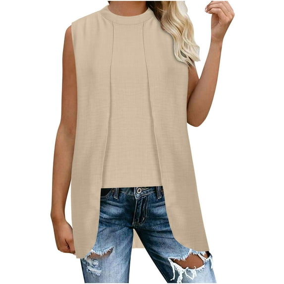 AherBiu Summer Tank Tops for Women High Low Crewneck Sleeveless T Shirts Casual Blouse Solid Color