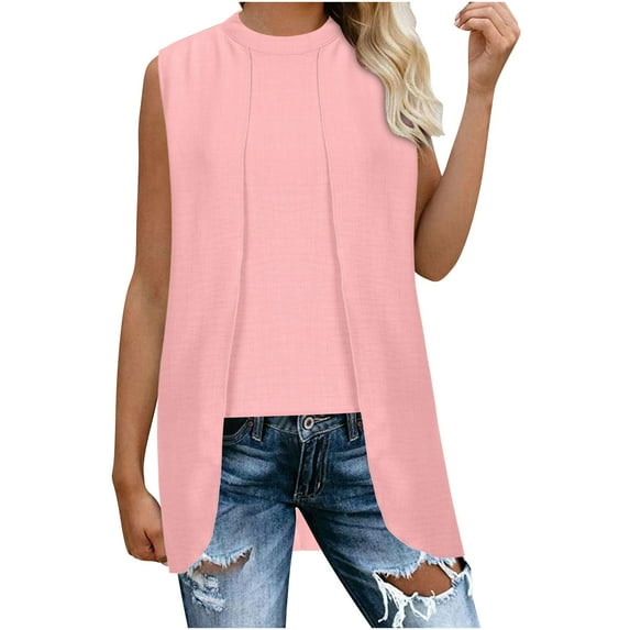 AherBiu Summer Tank Tops for Women High Low Crewneck Sleeveless T Shirts Casual Blouse Solid Color