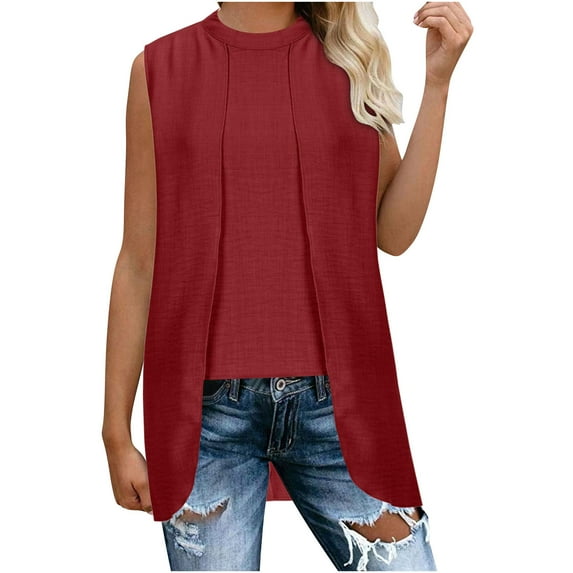 AherBiu Summer Tank Tops for Women High Low Crewneck Sleeveless T Shirts Casual Blouse Solid Color