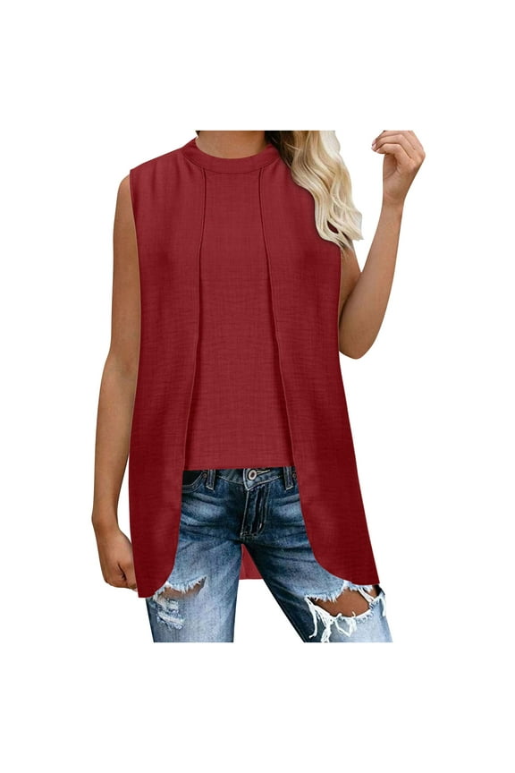 Summer Tank Tops for Women High Low Crewneck Sleeveless T Shirts Casual Blouse Solid Color