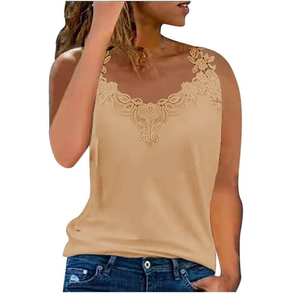 AherBiu Summer Tank Tops for Women Lace Strap Sleeveless V Neck Casual Comfy Tanks Solid Color