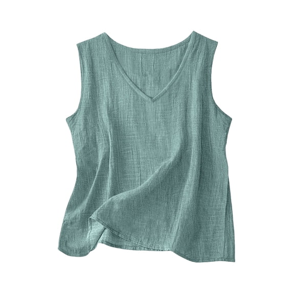 AherBiu Summer Tank Tops for Women Linen Crewneck Lightweight Cute Blouse Sleeveless Side Slit Casual Cami