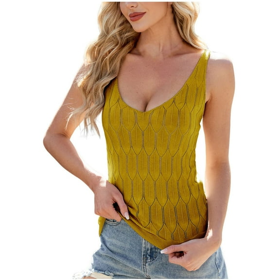 AherBiu Summer Tank Tops for Women Low Cut Sleeveless Hollow Beach Camisole Shirts Knitted Tanks