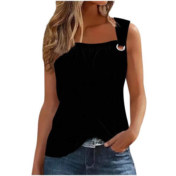 AherBiu Summer Tank Tops for Women Ruched Square Neck Wide Strap Casual Comfy Fitting Shirts Camisole