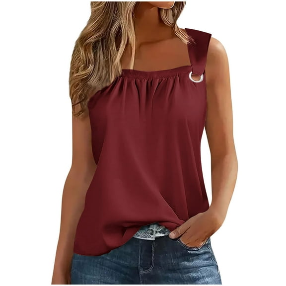 AherBiu Summer Tank Tops for Women Ruched Square Neck Wide Strap Casual Comfy Fitting Shirts Camisole