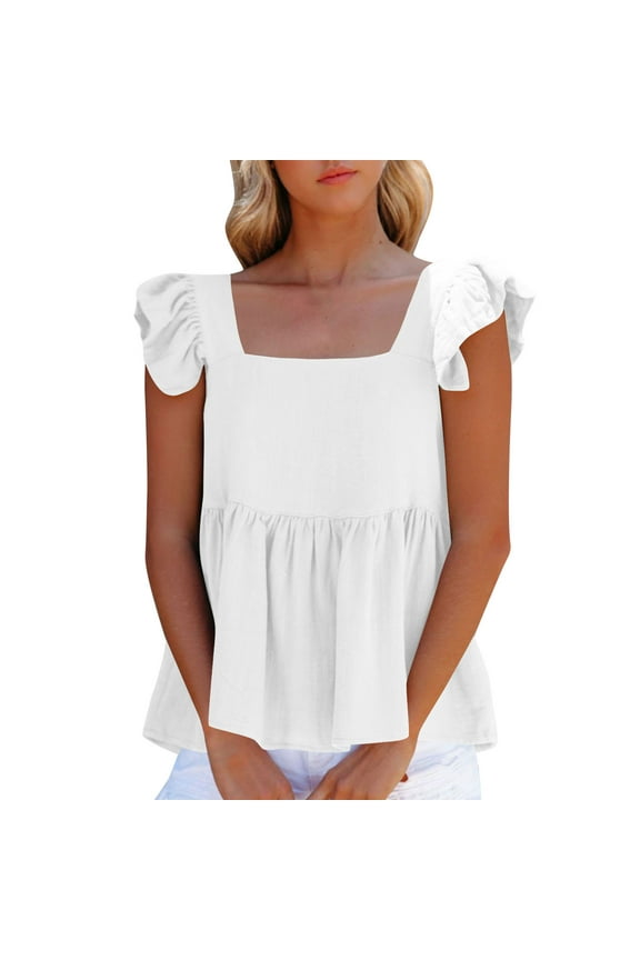 Summer Tank Tops for Women Ruffle Shoulder Square Neck Lightweight Sleeveless Ruched Cute Shirts