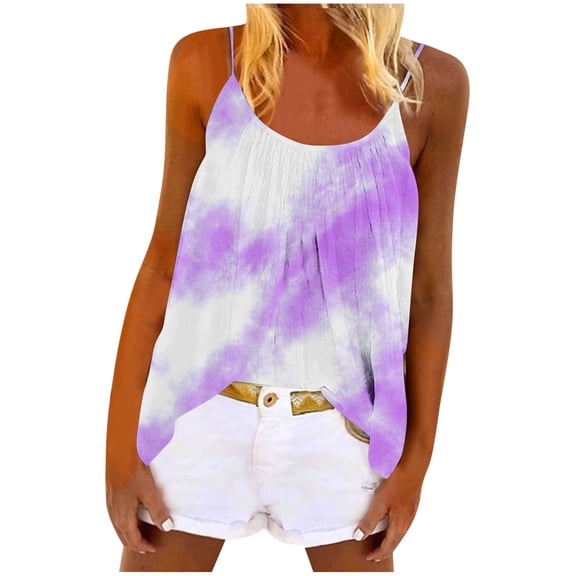 AherBiu Summer Tank Tops for Women Tie-Dye Spaghetti Strap Scoop Neck Low Cut Ruched Loose Tee Shirts
