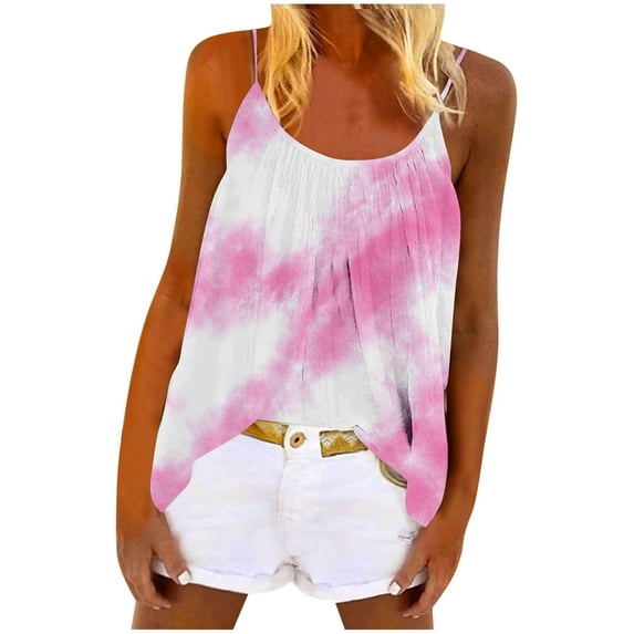 AherBiu Summer Tank Tops for Women Tie-Dye Spaghetti Strap Scoop Neck Low Cut Ruched Loose Tee Shirts