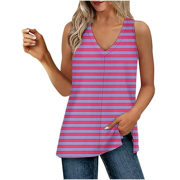 AherBiu Summer Tank Tops for Women V Neck Striped Side Slit Casual Loose Sleeveless Top Tees Shirts
