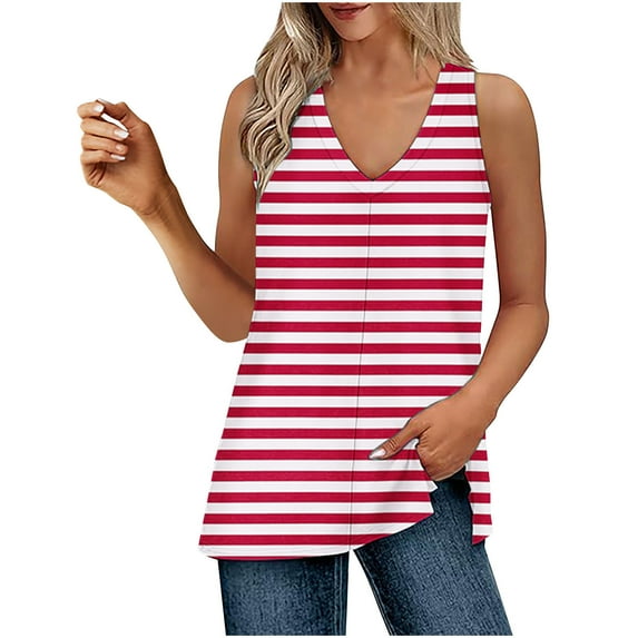 AherBiu Summer Tank Tops for Women V Neck Striped Side Slit Casual Loose Sleeveless Top Tees Shirts