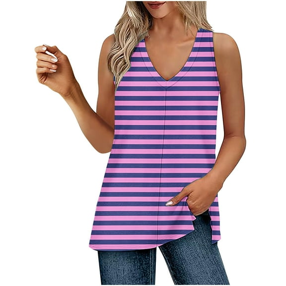 AherBiu Summer Tank Tops for Women V Neck Striped Side Slit Casual Loose Sleeveless Top Tees Shirts