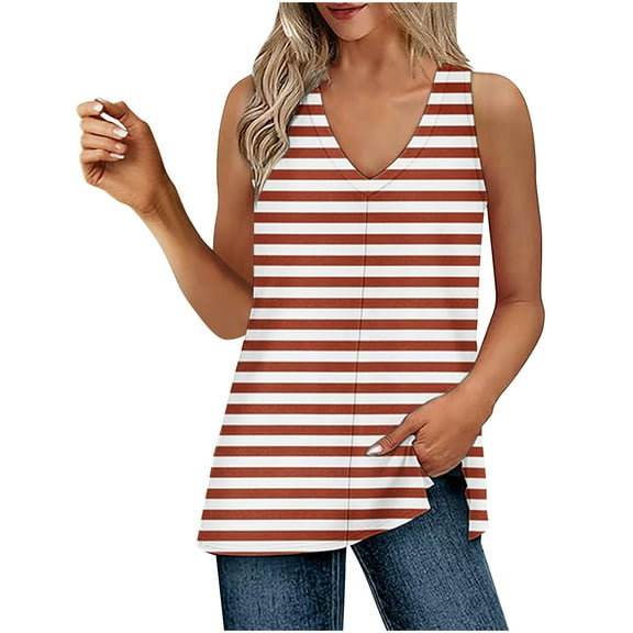AherBiu Summer Tank Tops for Women V Neck Striped Side Slit Casual Loose Sleeveless Top Tees Shirts