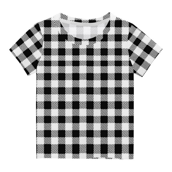 AherBiu Summer Tops for Girls Boys Unisex Kids Teens Short Sleeve Top Tees Shirts Crewneck Plaid Comfy T-Shirt