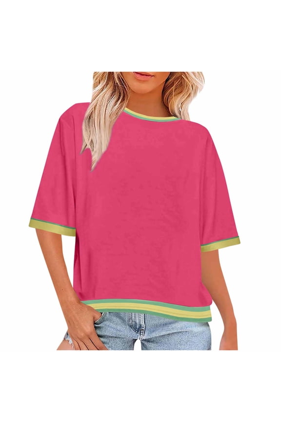Summer Tops for Women 1/2 Sleeve Color Blocked Crewneck Casual Loose Tees Stretch Comfy Tshirts