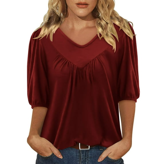AherBiu Summer Tops for Women 1/2 Sleeve V Neck Ruched Casual Loose Shirt Stretch Comfy Blouse