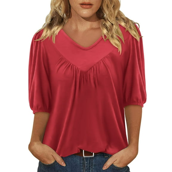 AherBiu Summer Tops for Women 1/2 Sleeve V Neck Ruched Casual Loose Shirt Stretch Comfy Blouse