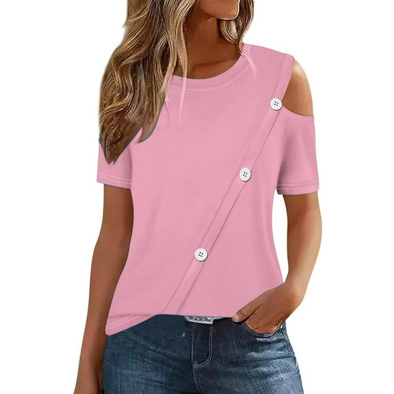 AherBiu Summer Tops for Women 2024 Cold Shoulder Short Sleeve Basic Comfy Solid Color Tees T Shirts