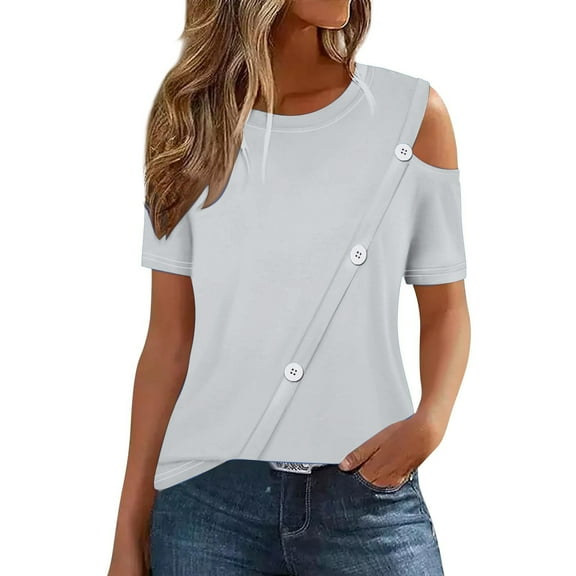 AherBiu Summer Tops for Women 2024 Cold Shoulder Short Sleeve Basic Comfy Solid Color Tees T Shirts