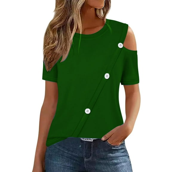 AherBiu Summer Tops for Women 2024 Cold Shoulder Short Sleeve Basic Comfy Solid Color Tees T Shirts