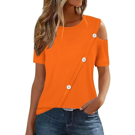 AherBiu Summer Tops for Women 2024 Cold Shoulder Short Sleeve Basic Comfy Solid Color Tees T Shirts