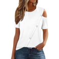 thumbnail image 1 of AherBiu Summer Tops for Women 2024 Cold Shoulder Short Sleeve Basic Comfy Solid Color Tees T Shirts, 1 of 7