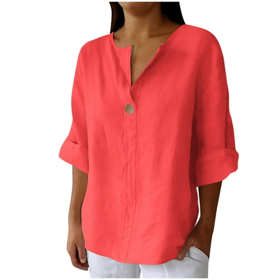 AherBiu Summer Tops for Women 3/4 Sleeve Button Notch V Neck Plus Size Cotton Linen Lightweight Shirts Blouse