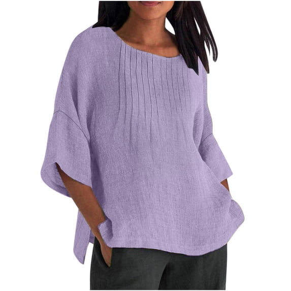 AherBiu Summer Tops for Women 3/4 Sleeve Crewneck Casual Ruched Loose Lightweight Shirts Blouse