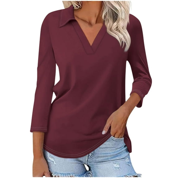 AherBiu Summer Tops for Women 3/4 Sleeve Tops Lapel V Neck Comfy Fitted T Shirts Blouse Solid Color