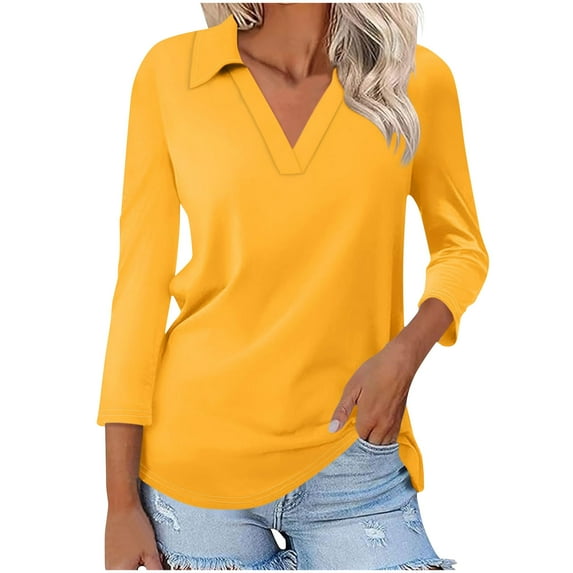 AherBiu Summer Tops for Women 3/4 Sleeve Tops Lapel V Neck Comfy Fitted T Shirts Blouse Solid Color