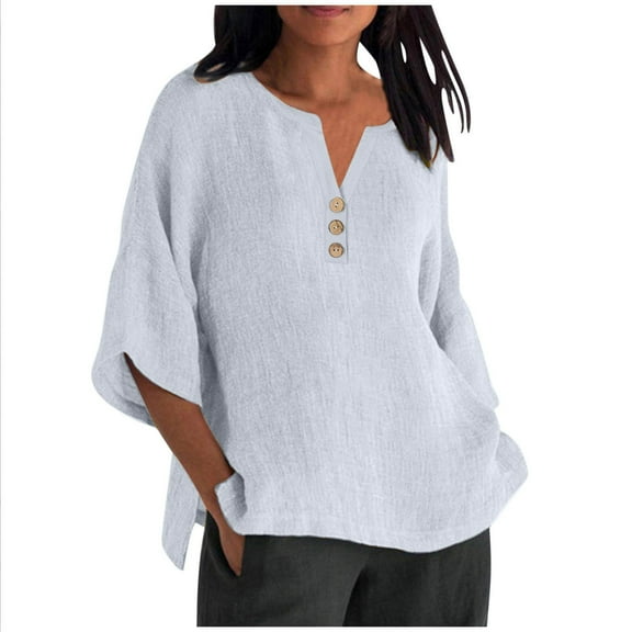 AherBiu Summer Tops for Women Button Notch V Neck 1/2 Sleeve Lightweight Casual Loose Basic T Shirts Blouse