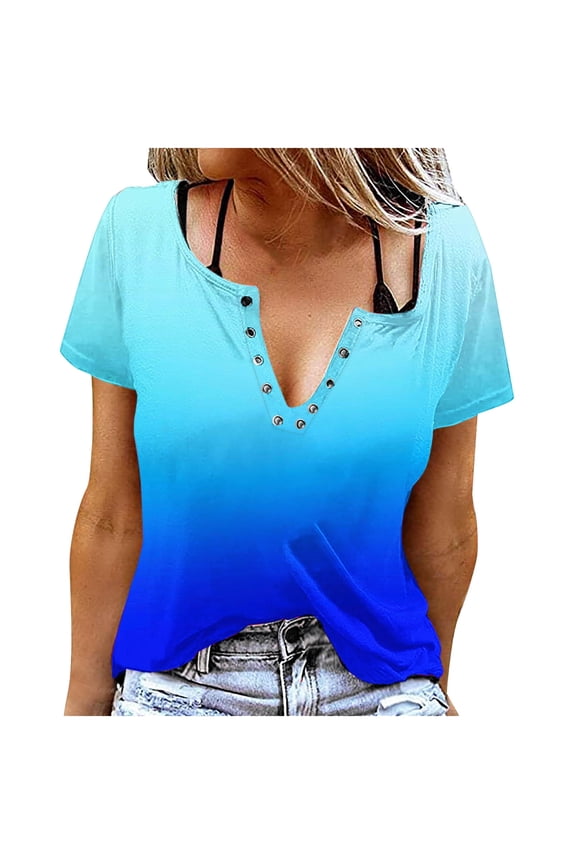 Summer Tops for Women Button Notch V Neck Short Sleeve Top Tees Gradient Color Tshirt Blouse