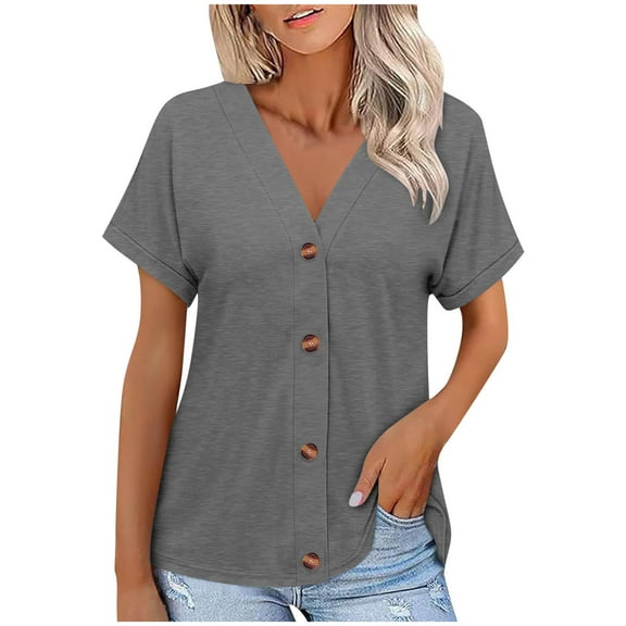 AherBiu Summer Tops for Women Button down Shirt V Neck Short Sleeve Comfy Stretch Lightweight Open Front Cardigan