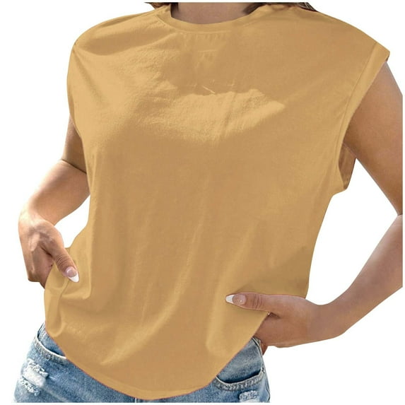 AherBiu Summer Tops for Women Cap Sleeve Basic Top Tees Shirts Comfy Solid Color Crewneck Blouse