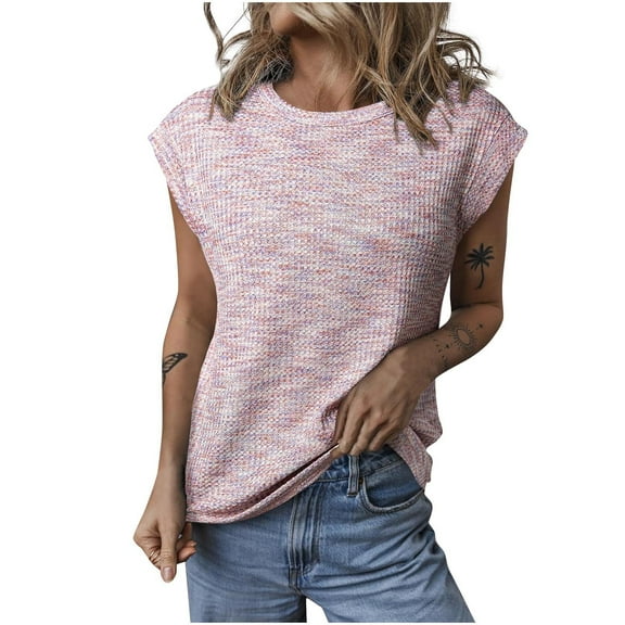 AherBiu Summer Tops for Women Cap Sleeve Crewneck Casual Loose Knitted Pullover Sweater Top Blouse