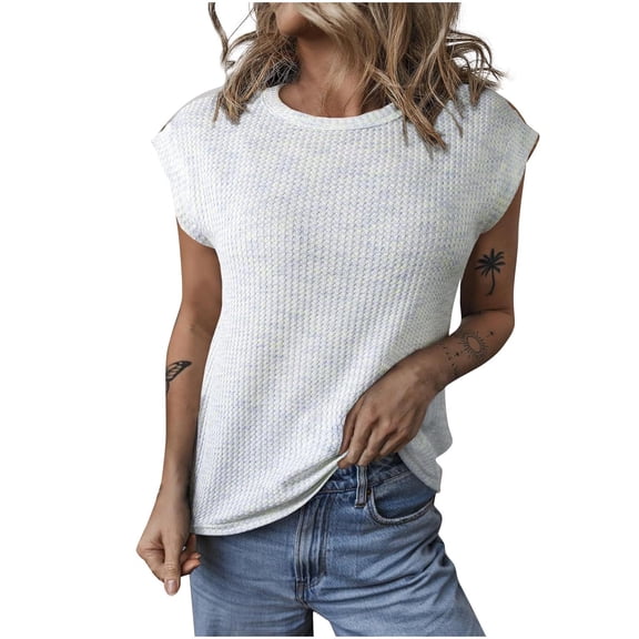 AherBiu Summer Tops for Women Cap Sleeve Crewneck Casual Loose Knitted Pullover Sweater Top Blouse