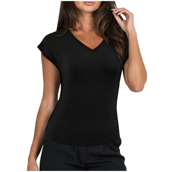 AherBiu Summer Tops for Women Cap Sleeve Slim Fitted Stretchy Comfy Basic V Neck Top Tees Tshirts