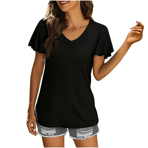 AherBiu Summer Tops for Women Cap Sleeve V Neck Casual Loose Comfy T Shirts Solid Color Tunic Blouse