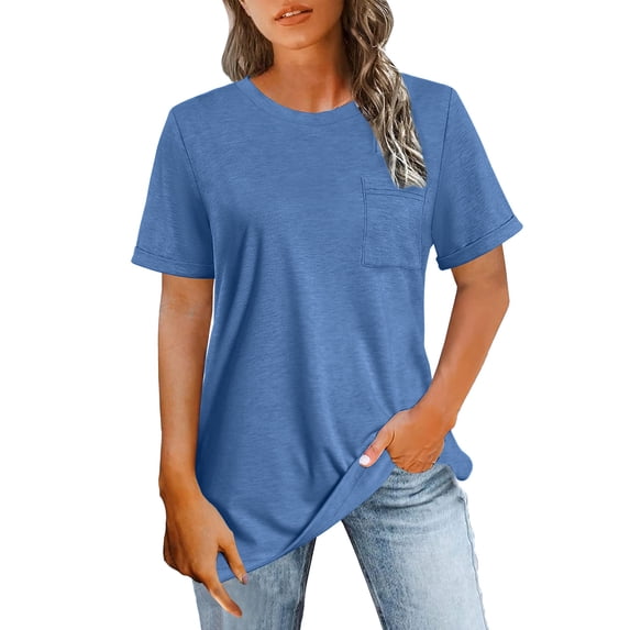 AherBiu Summer Tops for Women Crewneck Short Sleeve Casual Comfy Fitted Stretch Basic Plain Top Tees Shirt with Pocket