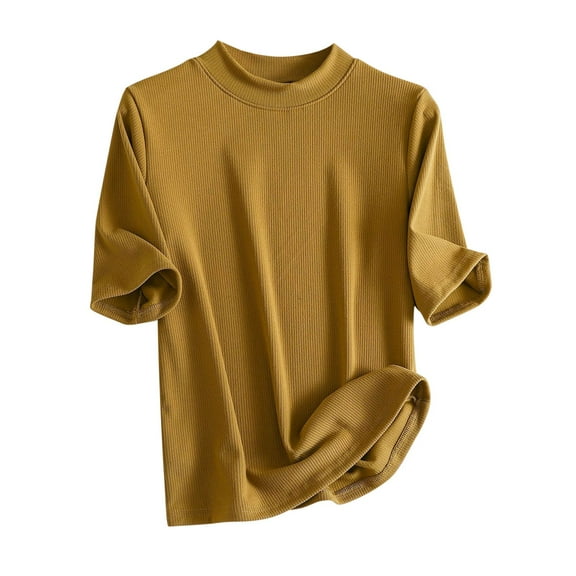 AherBiu Summer Tops for Women Crewneck Stretch Slim Fitted 1/2 Sleeve Comfy Tshirts Plain Top Tees