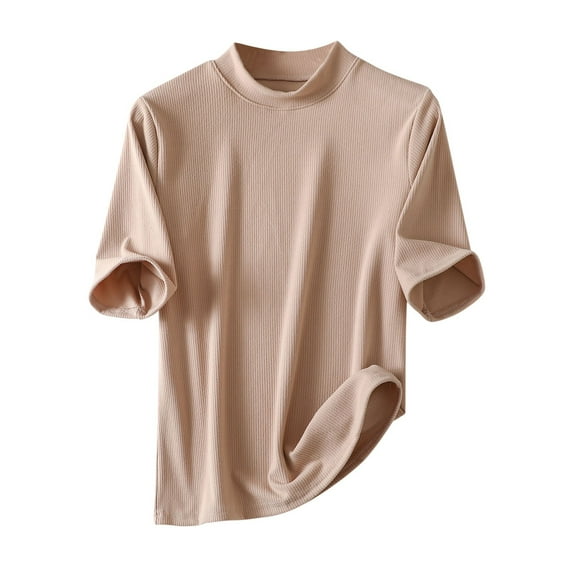 AherBiu Summer Tops for Women Crewneck Stretch Slim Fitted 1/2 Sleeve Comfy Tshirts Plain Top Tees