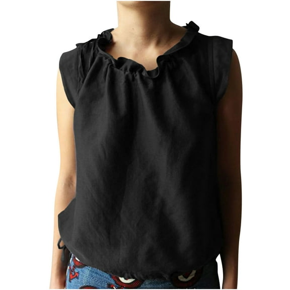 AherBiu Summer Tops for Women Drawstring Ruffle Neck Cap Sleeve Cotton Linen Lightweight Shirt Blouse